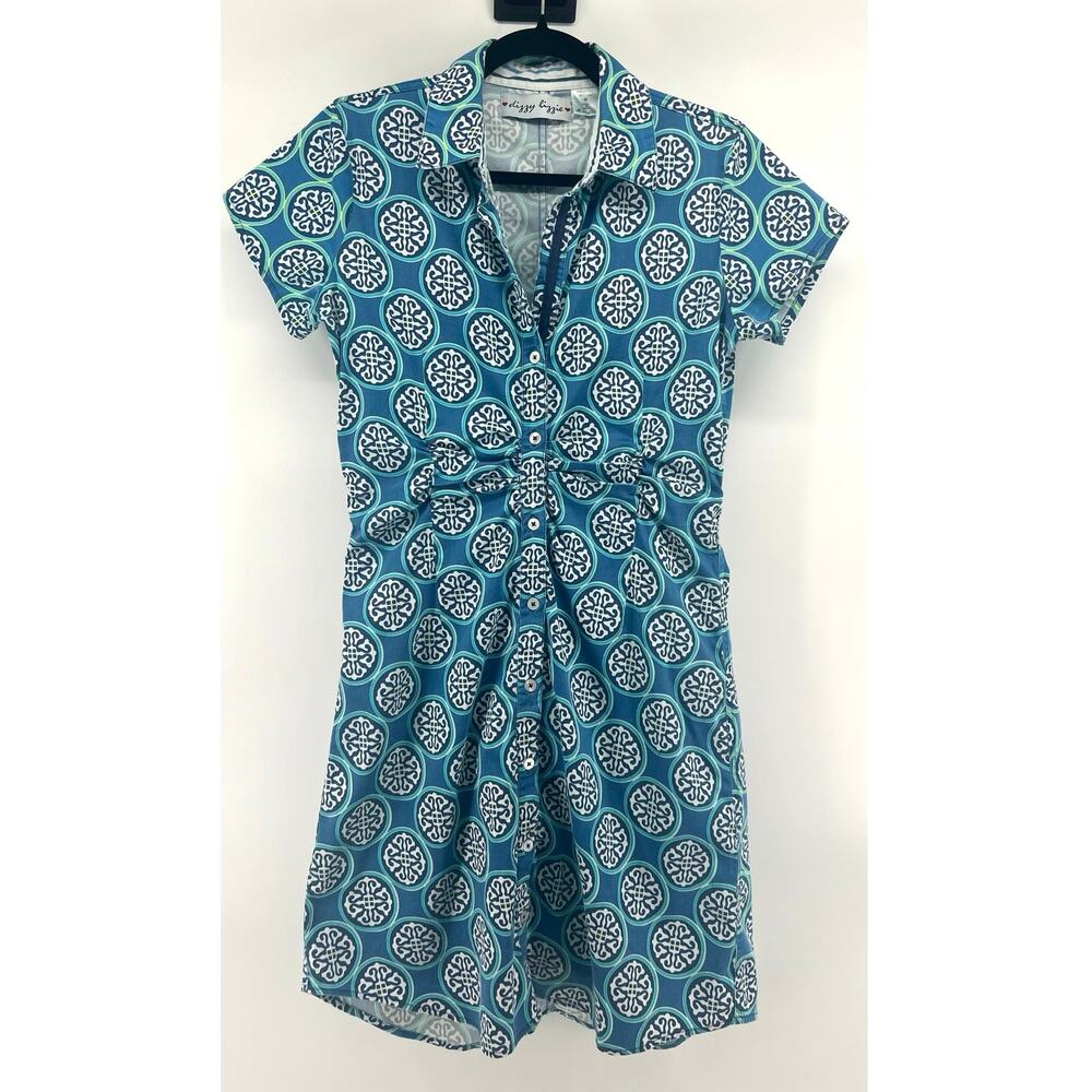 dizzy lizzie Button Up Collard Shirt Dress Blue Boho Print Size M
